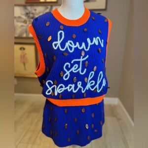 New! SET! QUEEN OF SPARKLES Blue & Orange Down, Set, Sparkle Skirt Set